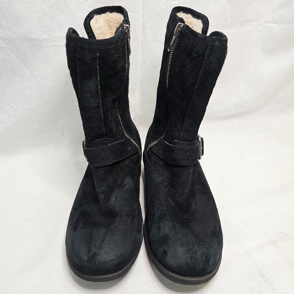 UGG Australia Black Suede Leather Shearling Zip Mid Calf Boots Women's Size 6 - Picture 2 of 11